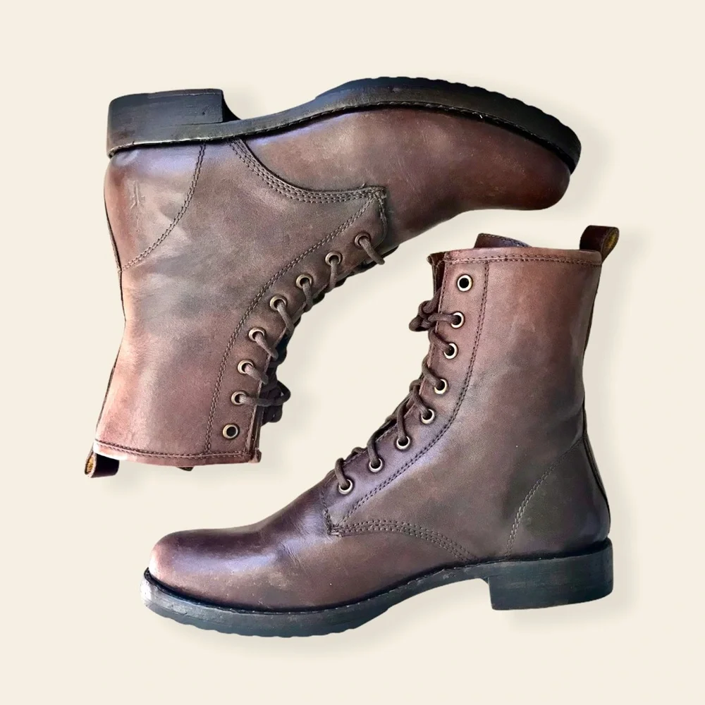 Frye Veronica Combat Brown Genuine Leather Lace Up Moto Combat Retro Ankle Boots - Picture 5 of 15